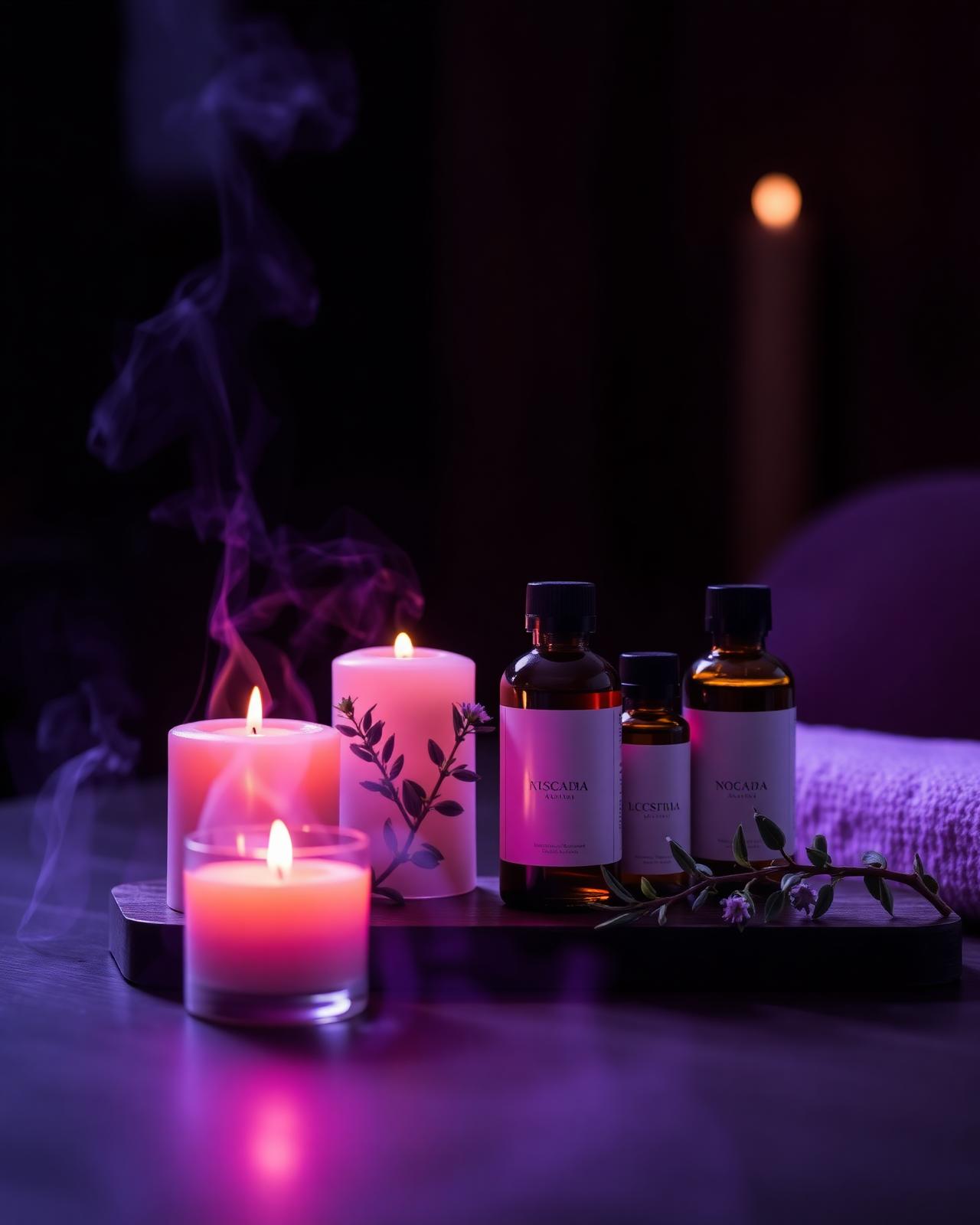 Candles, aromatherapy oils and botanicals glowing in soft violet light